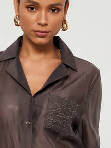 Women's Solid Color Button Front Collared Long Sleeve Shirt, Casual Work Blouse With Embroidered Pocket, Suitable For All Seasons Spring - Coffee Brown - View 2