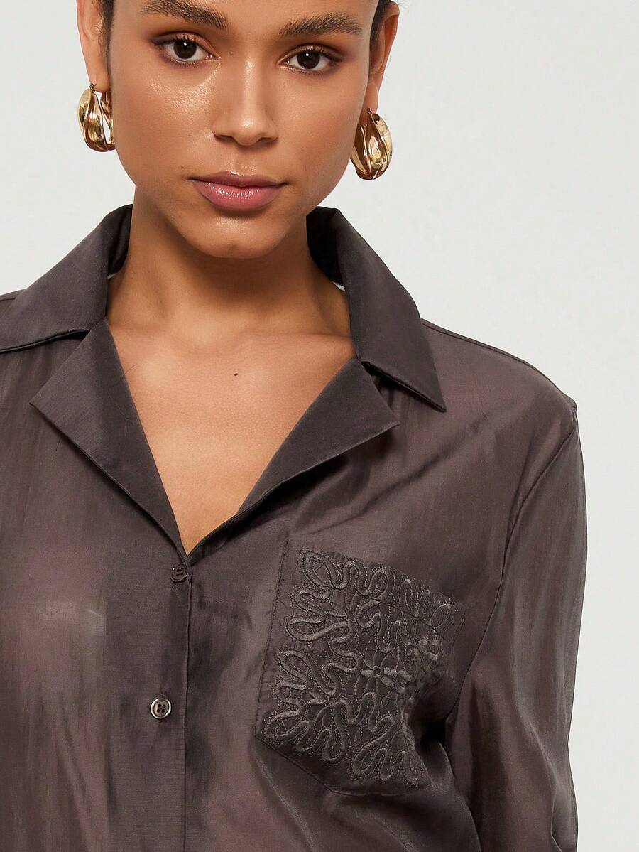 Women's Solid Color Button Front Collared Long Sleeve Shirt, Casual Work Blouse With Embroidered Pocket, Suitable For All Seasons Spring