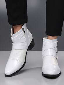 1 Pair Men's Pointed Toe Mid-Calf Boots With 3 Buckles, PU Leather Upper, Rubber Sole, Comfortable Slip-On Casual Business Boots - White - View 4