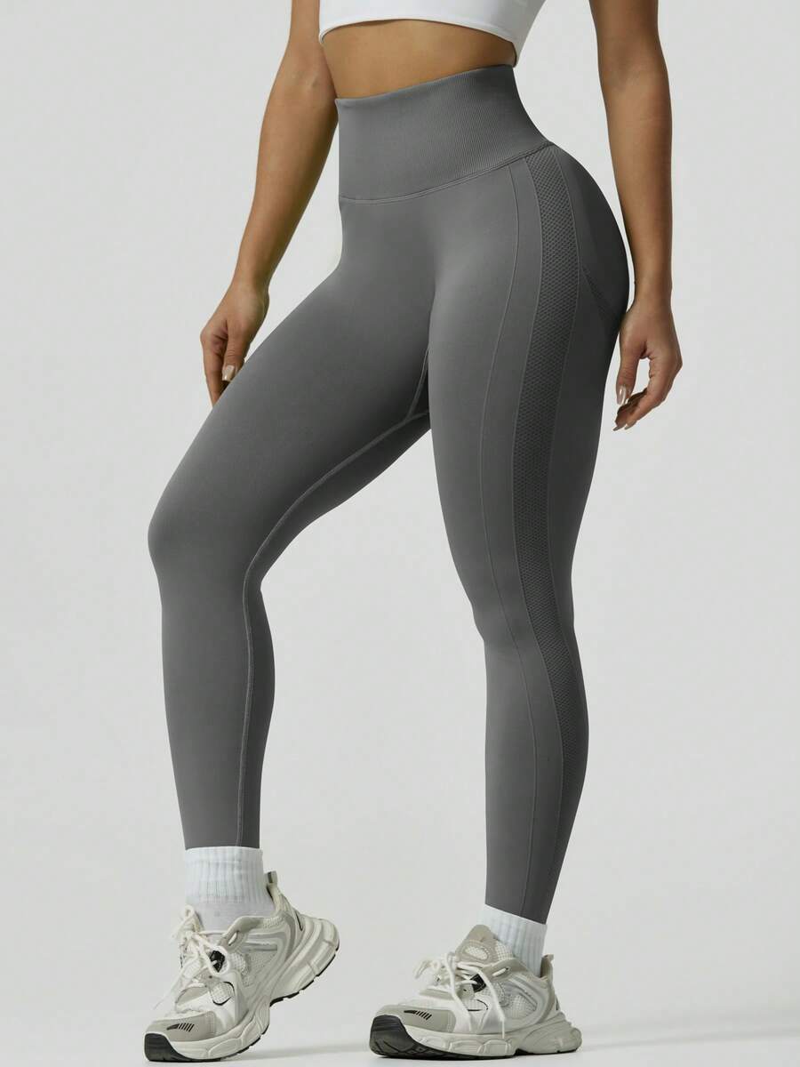 NcmRyu 1pc Women's Seamless Ribbed Elastic Slimming Sports Leggings - Dark Grey - View 1