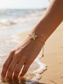 18K镀金星形锆石手链，波西米亚风金色沙滩度假不锈钢精致可调节链条手链 - 金色 - 查看 4