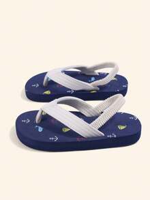 1 Pair Boys' Ocean Themed Boat & Shark Pattern Flip Flops, Navy Blue With Elastic Heel Strap, Lightweight Flat Sandals Suitable For Summer Beach, Vacation And Daily Wear (Random Pattern) - Blue - View 7