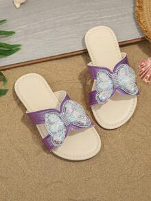 1 Pair Girls' Fashion Slippers, Shiny Colorful Crystal Mesh Butterfly Decor, Round Toe Open Toe Soft Non-Slip Slip-On Design, Fashionable Princess Beach Slippers For Daily, Vacation, Holiday Party, Spring/Summer New Arrival - Purple - View 1