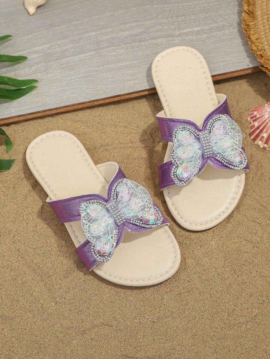 1 Pair Girls' Fashion Slippers, Shiny Colorful Crystal Mesh Butterfly Decor, Round Toe Open Toe Soft Non-Slip Slip-On Design, Fashionable Princess Beach Slippers For Daily, Vacation, Holiday Party, Spring/Summer New Arrival - Purple - View 1