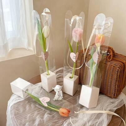 10-Piece Handheld Flower Box Set Featuring Transparent Plastic Roses And Tulips In A Gift Box With A Foldable Design-Perfect For Florists And Gift Wrapping, And An Ideal Choice For Mother's Day, Birthdays, And Anniversaries