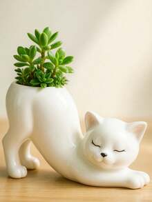 1个白色小巧创意卡通猫形花盆，可作多肉植物盆栽容器、化妆刷架，宠物爱好者礼物，适用于花园、阳台、庭院、卧室、浴室、桌面置物架等，可爱简约风格 - 屁股貓 - 查看 9