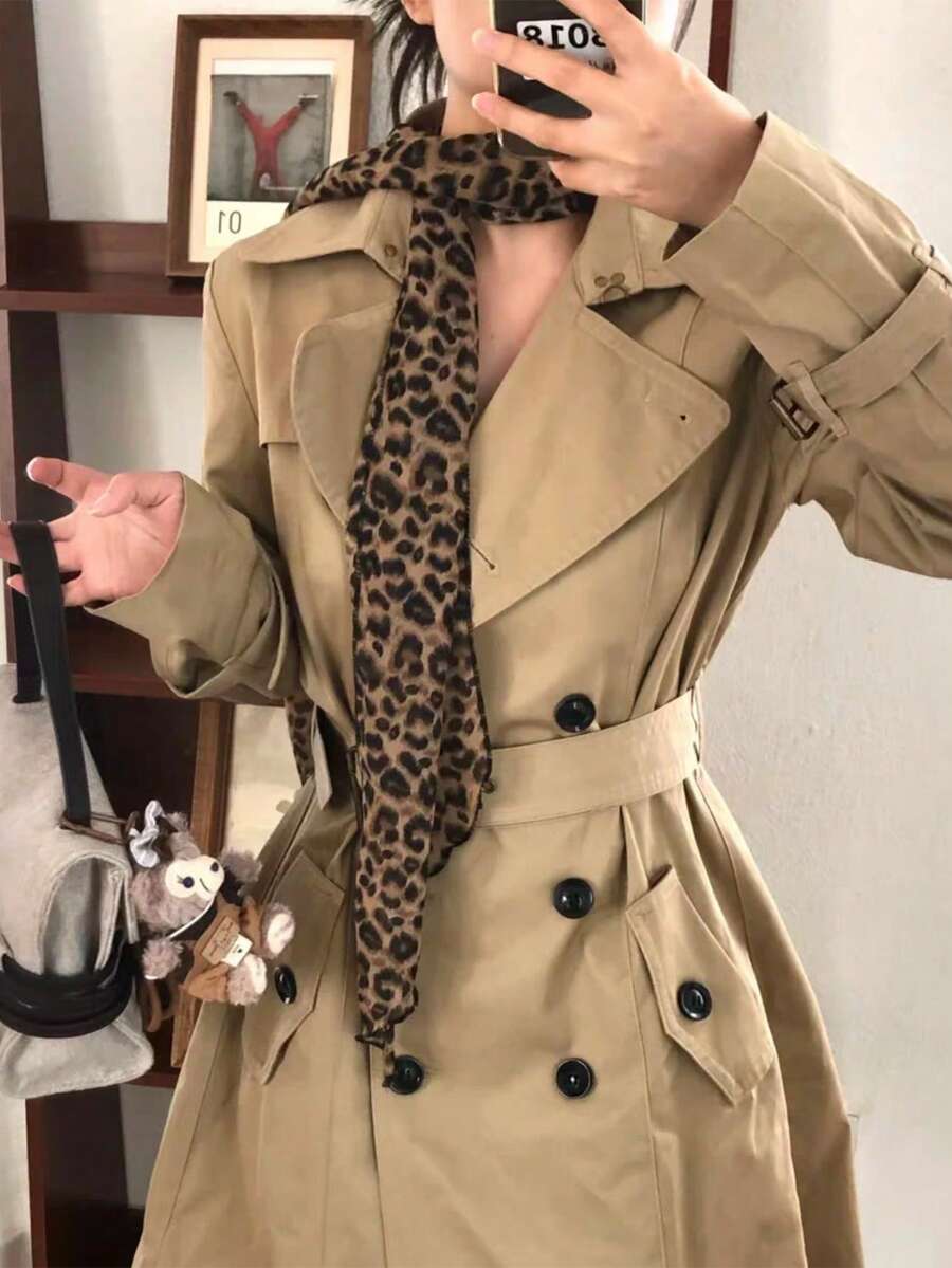 1条甜美又个性的豹纹长款围巾，适合春夏穿着，轻盈透气，展现千禧一代少女的甜美气质，优雅的丝带配饰，沙滩度假必备 - 彩色 - 查看 1