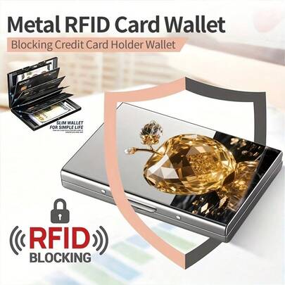金色苹果图案RFID屏蔽男女通用金属卡包，安全卡片收纳，时尚配饰，信用卡槽，卡片整理器，个性化礼物，充满爱意的礼物，创意男士礼物，趣味礼物，父亲节礼物，送礼佳品，韩流礼物