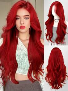 30英寸长波浪卷合成假发，蕾丝前刘海，红色中分假发，适合女性，可用于万圣节、圣诞节装扮、日常、约会、音乐节等场合，耐热。 - 彩色 - 查看 13
