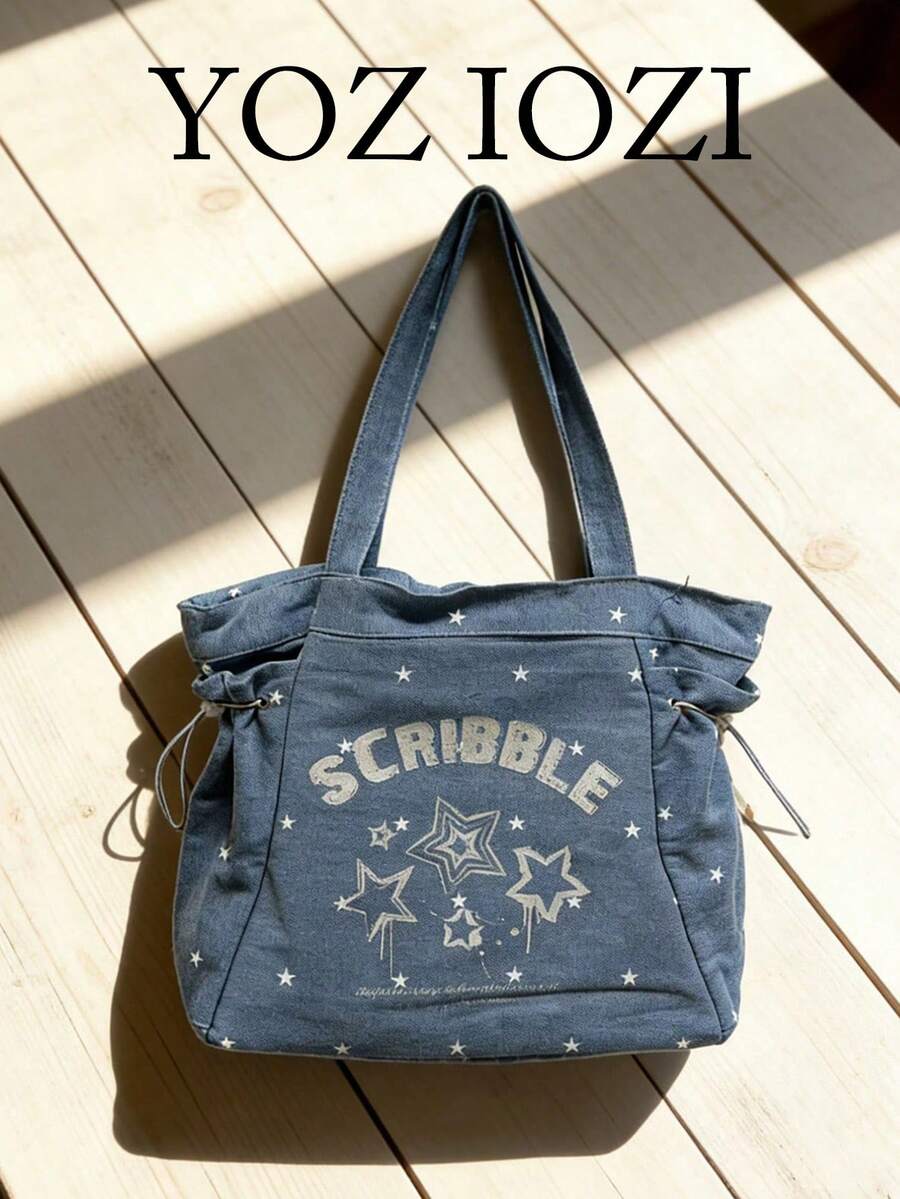 Bolso de tote grande con capacidad para estudiantes universitarias, estilo coreano de principios de primavera, moda minimalista, personalizado con letras y estrellas, para ir a la escuela, ir a clase, ir al campus y para uso diario - Azul - Ver 1