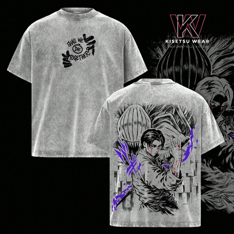 Yuta Okkotsu Vintage Washed Oversized-Shirt – Culling Game Graphic Tee, "Shall We Die Together" Anime Shirt, Soft Cotton Casual Streetwear, Unisex Top, JJK Fans - Màu Xám nhạt - Xem 1