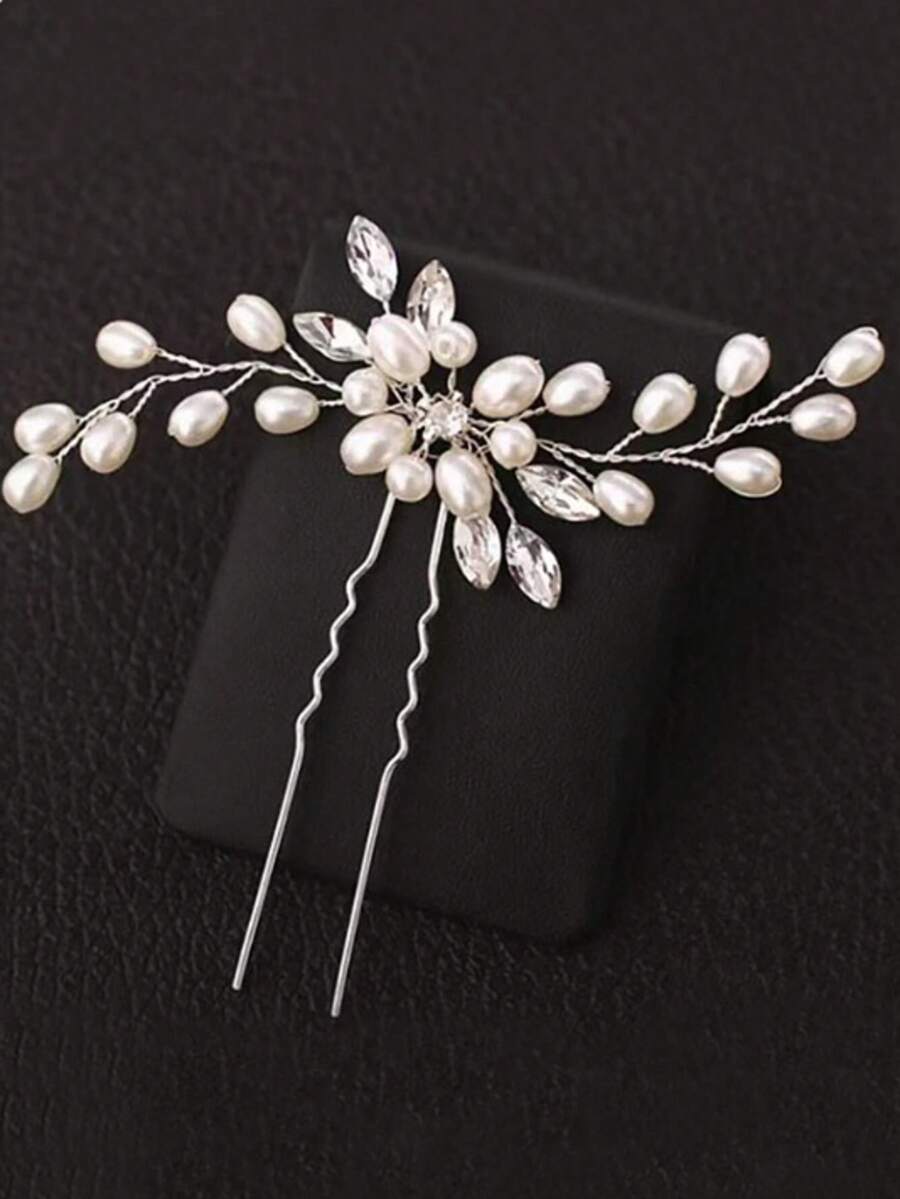 1pc Handmade Pearl & Rhinestone Hair Clip For Women - Silver - View 1