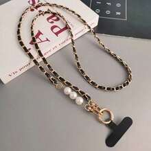 1pcMobile Phone Lanyard Long Messenger Shoulder Bag Lanyard Fashion Temperament Imitation Pearl Pickup Chain Pendant - Black - View 3