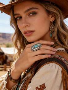 Anillo vintage con plata desgastada y turquesa, anillo bohemio exagerado - Plateado - Ver 2