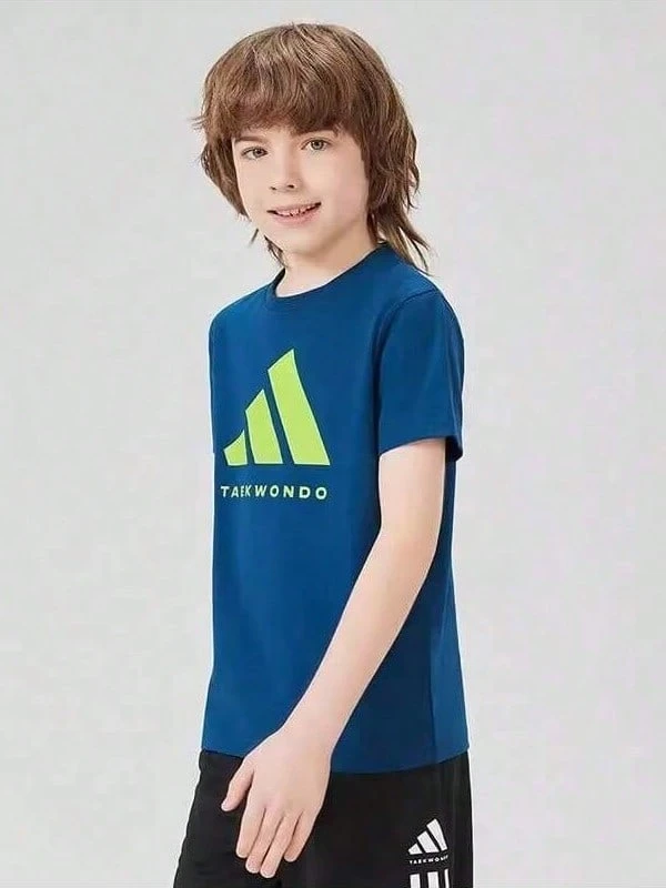 Adidas 阿迪达斯儿童短袖T恤,夏季新款卡通印花,男女童透气运动上衣,儿童休闲内衣 - 藍色 - 查看 1