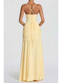 Versatile Banquet Elegant Split V-Neck Long Dress Elegant And Noble Waist Sexy Hip Dress - Màu vàng - Xem 2
