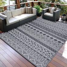 Alfombra moderna abstracta para exteriores, impermeable, plegable, de paja de plástico, de doble cara, para habitaciones de invitados, decoración de jardín, plegable y portátil para picnics, caravanas, balcones, terrazas, playas y patios. - blanco grisáceo - Ver 1
