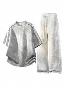 男士圆领中袖T恤搭配抽绳阔腿裤休闲日常套装 - 淺灰色 - 查看 2