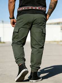 Plus Size Men's Casual Cargo Pants, Drawstring Waist Multi-Pocket Outdoor Sports Pants Fall - Olive Green - View 6