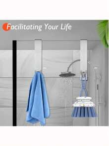 2pcs Silver Shower Door Hooks, Bathroom Extended Door Hooks For Frameless Glass Shower, Stainless Steel Towel Hooks, Heavy Duty Robe Hooks, Towel - View 3