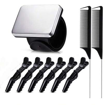 Set de 9 piezas de herramientas para trenzar el cabello, que incluye 1 pulsera magnética, 2 peines de cola de rata de acero inoxidable y 6 pinzas de cocodrilo de dientes anchos para trenzar (negro)