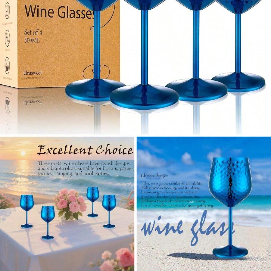 Stainless Steel Wine Glasses-18 Oz Unbreakable Hammer Point Wine Goblets, Elegant Unique Metal Wine Glass Outdoor, Travel, Camping, Pool, Wine Lovers (Set Of 4) (Blue) - 查看 1