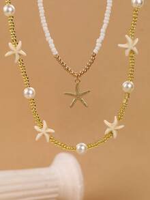 2pcs/Set Girls Pearl & Seed Bead Starfish Necklace Set, Suitable For Daily Decoration - Gold - View 2