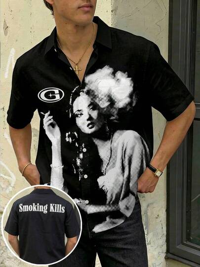  FRACTYR Cămașă bărbați de vară, casual, la modă stradală, retro, cu imprimeu portret în semiton, design față-verso, cămașă casual cu mânecă scurtă, croială lejeră, guler rotund, imprimat