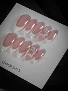[Valentine's Day Gift] 10pcs Sweet Style | Fluorescent Pink & Purple Accented Floral Pressed Nail Art | Handmade French Style Almond Shaped Nails | Nude Pink Base Color With Floral Accents And French White Tips | Delicate And Suitable For All Seasons, Commute, Dates, And Daily Wear, Best Gift For Ladies - Pink - View 6