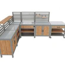 Table d'appoint pour barbecue, meuble de jardin mobile, résistant aux intempéries, plan de travail en acier inoxydable, buffet d'extérieur, meuble de jardin avec lavabo, robinet et ouvre-bouteille intégré - Naturel - Voir 9