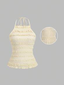 女士露背吊带蕾丝花边层叠吊带背心，后背系带，夏季波西米亚风度假上衣 - 淡黃色 - 查看 3