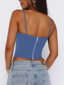 Áo corset ôm sát gợi cảm, thanh lịch dành cho nữ, áo ngắn ôm sát hở eo cho bé gái mùa hè - Màu xanh lam - Xem 4