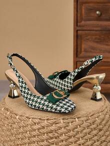 WHDXY Sepatu hak tinggi tanpa bagian belakang dengan hak asimetris 7cm untuk wanita, ujung persegi, hiasan pita dan gesper logam, sepatu pesta elegan yang cocok untuk bepergian, bekerja, kencan, dan pesta. - Hijau - View 4