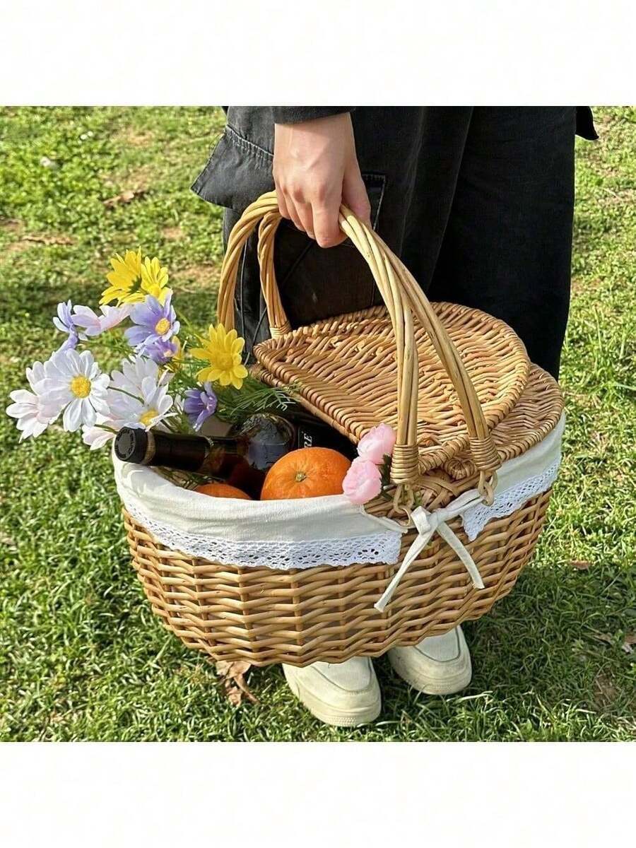 1個手工編織野餐籃 天然柳條籃 水果收納籃 鄉村風 附蓋子、提把與內襯 適合野餐、派對與燒烤 禮品籃 - A - 查看 1