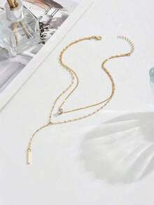 1pc Gold Y-Shaped Multi-Layer Necklace Decorated With Rhinestones And Faux Pearls, Suitable For Women's Daily Wear, Also Can Be A Gift For Friendship Or Adult Ceremony, Or Suitable For Attending Banquets And Parties. (The Handcrafted Chain Length, Pearl Quantity, And Rhinestone Size Can Be Adjusted. Please Be Cautious When Purchasing If The Length Is Too Short.) - 金子 - 查看 3