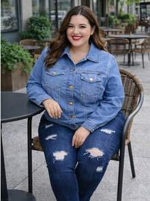Chamarra de Mezclilla Casual Corte Clásico Talla Extra - Azul lavado medio - Ver 2