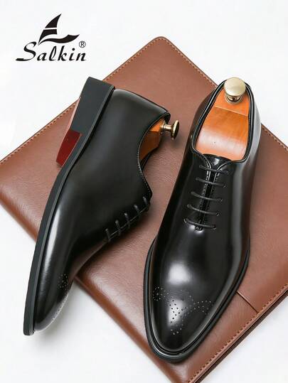 Salkin Classic Retro Designer Men's Formal Shoes, Red Sole Full-Cut Oxford Brogues, Soft Breathable Leather, Pointed Toe Lace-Up, Gentleman Business Social Shoes, Men's Daily Office Party Wedding Shoes, Couple Date/Romantic Dinner/Holiday Gift, Back To School Student Shoes, College Style, Suggest Sizing Up, Formal/Business Attire.