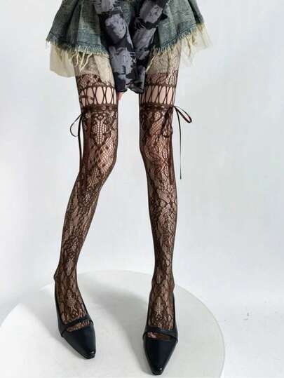 Medias de red de encaje sexy para mujeres, pantimedia transparente con corte y lazo, medias estéticas vintage de alta elasticidad y ajuste ceñido