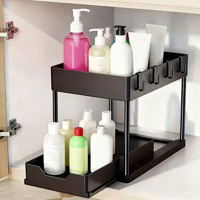 Under Sink Storage Rack, Black/White, Bathroom Cabinet Organizer, Sliding Drawer Basket, Multi-Purpose Bathroom Vanity Organizer With 4 Hooks