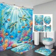 1件/4件套海底世界海龟珊瑚图案浴室装饰浴帘套装，赠送12个挂钩，营造优雅假日氛围，包含浴室地垫、U型马桶垫和圆形马桶垫，适用于各种浴室场景。 - E - 查看 1