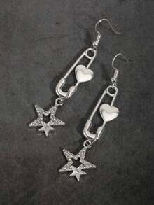 1 par de pendientes con colgante en forma de corazón plateado con decoración de estrella de strass, adecuado para uso diario de mujeres - Plateado - Ver 3