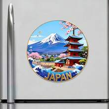 珐琅日本塔樱花冰箱贴：金属奖章风格，蓝白渐变，红色塔身，粉色樱花，浮世绘波浪纹，金色“Japan”字样——日本自然与文化的微缩收藏 - A - 查看 6