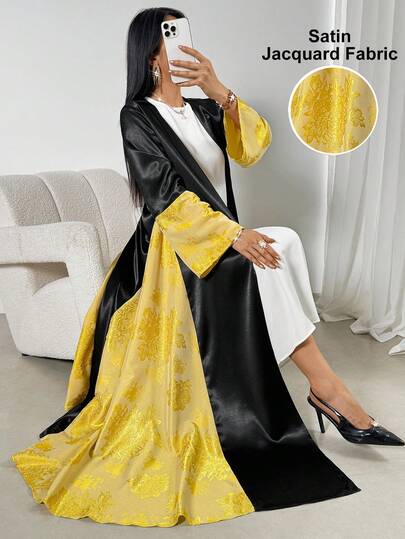 Women's Contrast Color Patchwork Long Loose Satin Jacquard Cardigan,Elegant Party Kimono,Luxury Long Abaya&Jalabiya,Birthday Outfits,Graduation Outfit,Wedding Party Outfit,Summer Vacation Outfits,Festival Outfits