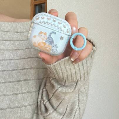 3个透明蓝色猫咪+圆形耳机保护套，兼容苹果Pro3/Pro2/AirPods4/AirPods3/AirPods2，时尚女士耳机保护套，简约耳机保护套，苹果耳机保护套，苹果耳机套