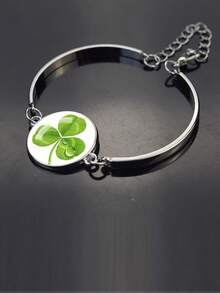 1pc Elegant Lucky Bracelet, Embedded With Four-Leaf Clover Glass Dome Design, Fashionable And Generous, Suitable For Men And Women, An Excellent Gift And Ideal Birthday Present - Silver - View 13