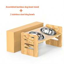 1个可调节宠物碗架，竹制，高度可调节，双不锈钢碗设计，保护宠物颈部，适用于喂猫喂狗，天然竹框，易于清洁 - 隨機容量 - 查看 8