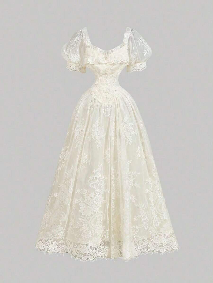 MOD Women's Ruffled Square Collar Short Puff Sleeve Floral Jacquard Elegant Dress, Valentine Day, Wedding, Elegant Dresses, Pink Dress, Wedding Guest Dress For Women, Spring/Summer Outfits, Tea Party Outfit Women, Cottagecore Dress, Holidays, Birthday, Festival, Tea Party Dress, Floral Maxi Dress, Puff Sleeves Dress, Vintage, Retro - Quả mơ - Xem 1