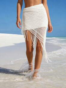 1件波西米亚风针织镂空大三角围巾，女士夏季沙滩纱笼流苏抹胸上衣，女士披肩 - 彩色 - 查看 2