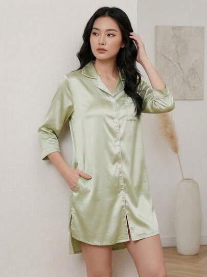 Cirelle 女士輕盈緞面紐扣睡裙，適合春夏穿著