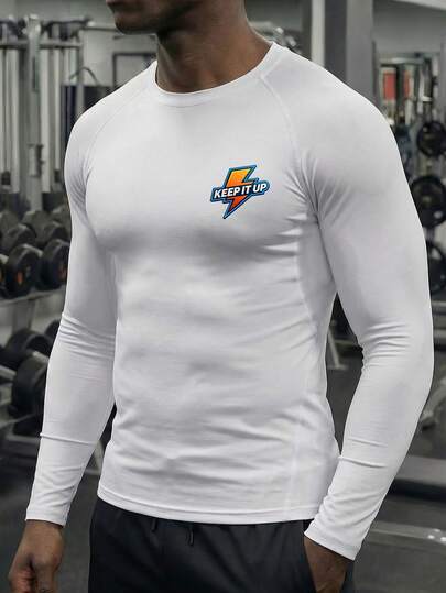 男士吸湿速干长袖运动健身T恤，透气弹力健身上衣，适合户外运动、跑步、健身